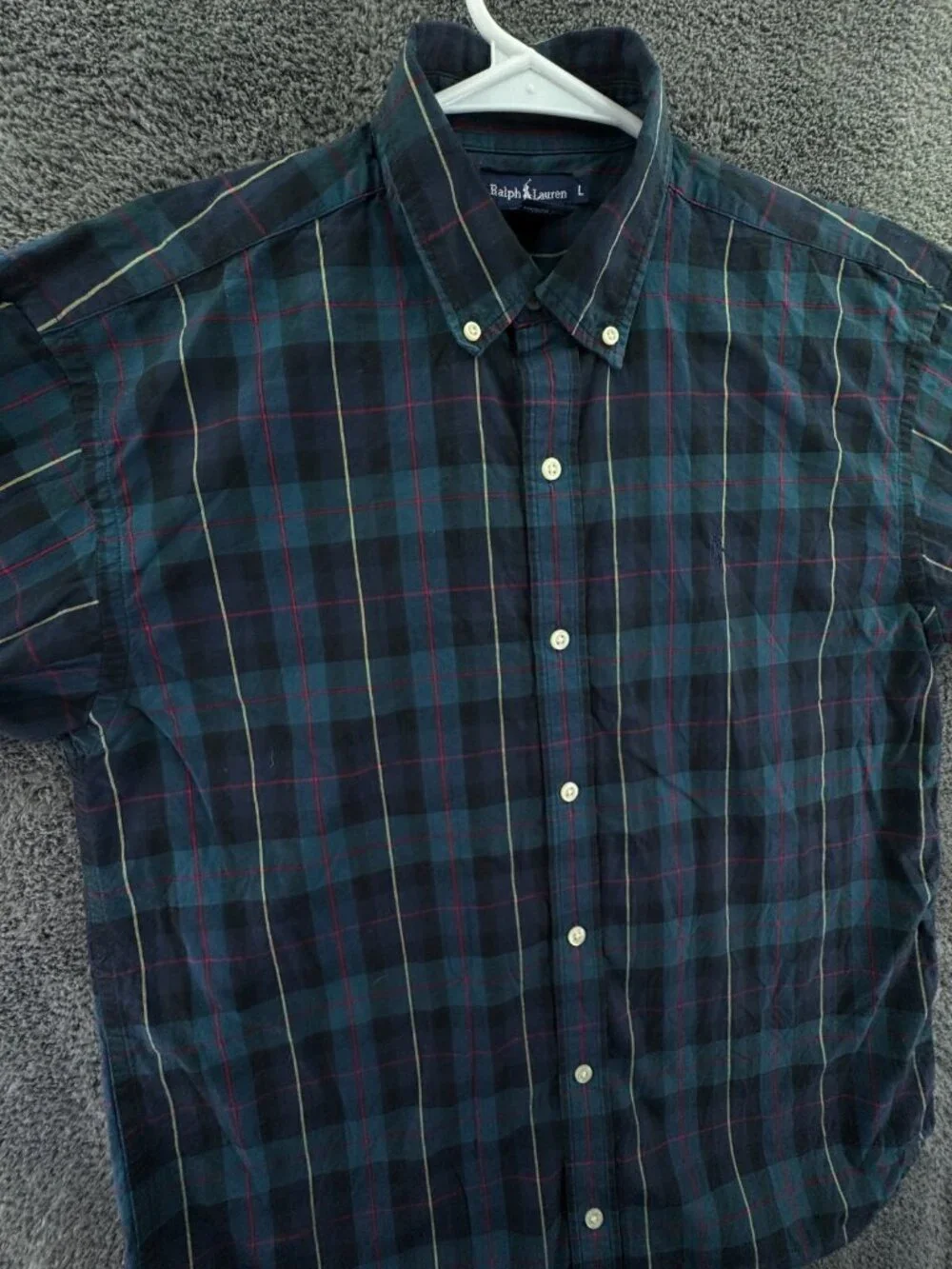 Ralph Lauren Boys Long Sleeve Button Up Shirt Green Plaid Large Cotton Pony Logo